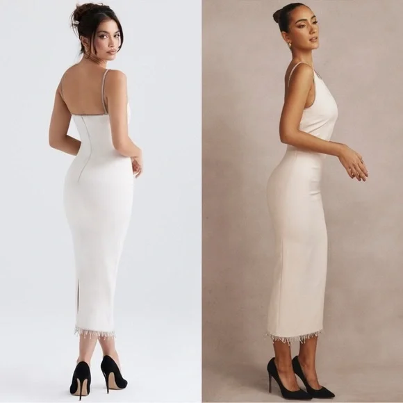 New HOUSE OF CB 'Margiela' Ivory Crystallised Midi Dress sz M - Picture 4 of 11